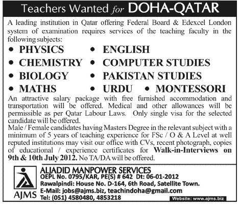 Teaching Staff Required for Doha-Qatar