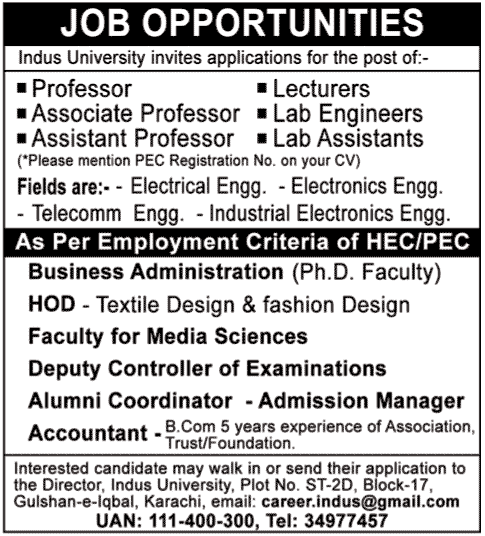 Indus University Requires Teaching and Non-Teaching Faculty