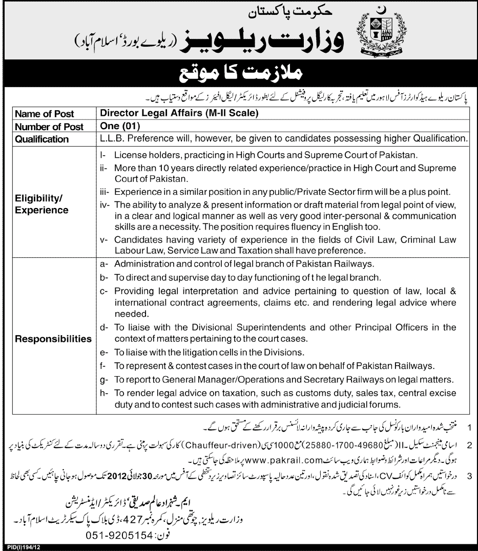 Pakistan Railways Head Quarters Office Lahore Requires Director Legal Affairs (Ministry of Railways) (Government Job)