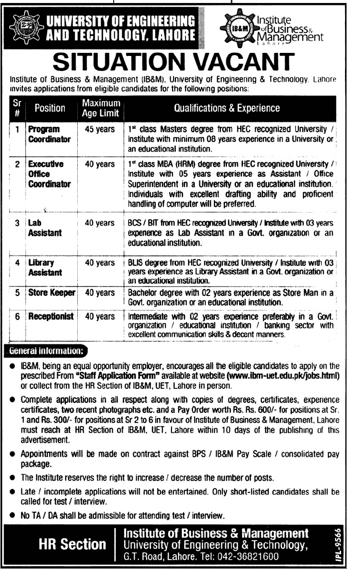 UET Institute of Business & Management Requires Coordinators and Administration Staff