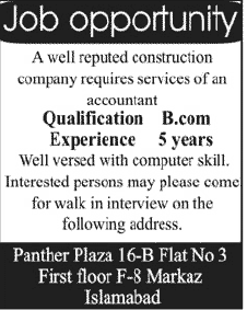Accountant Required by a Construction Company