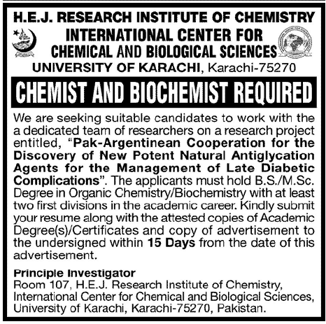 H.E.J Research Institute of Chemistry Requires Chemists and Biochemist