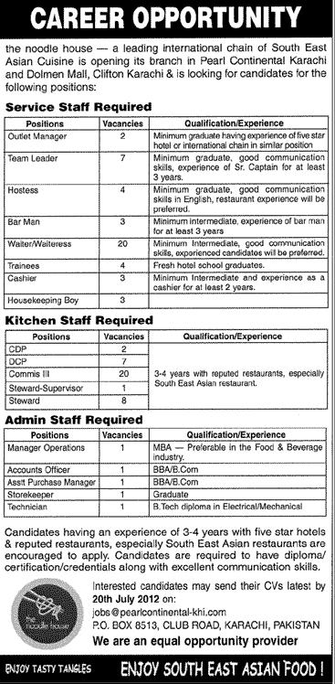 Service, Kitchen, and Admin Staff Required at the Noodles Cuisine (International Chain of South East Asian Cuisine)