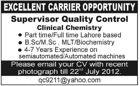 Supervisor Quality Control Clinal Chemistry Required