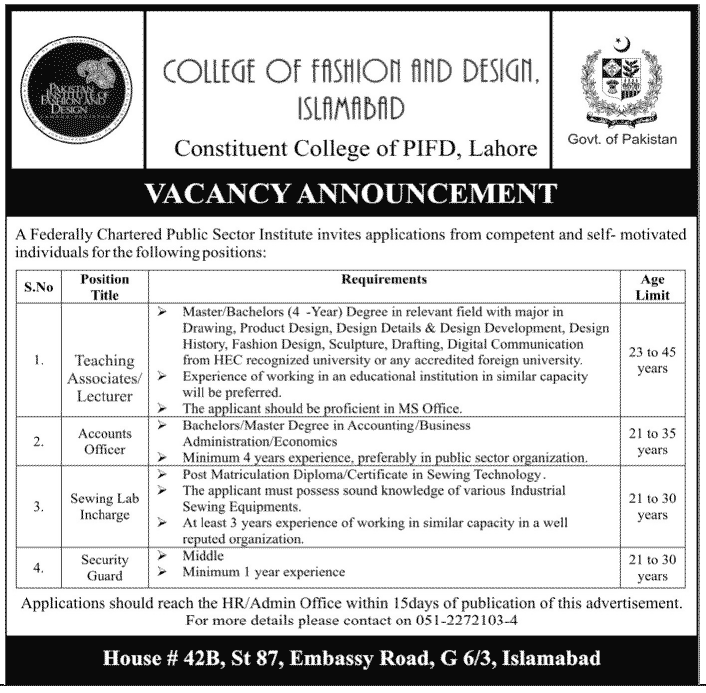 College of Fashion and Design Requires Teaching, Non-Teaching and Security Staff (Government Job)