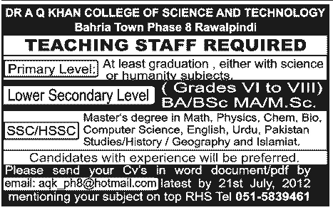 Dr. A Q Khan College of Science and Technology Requires Teaching Staff