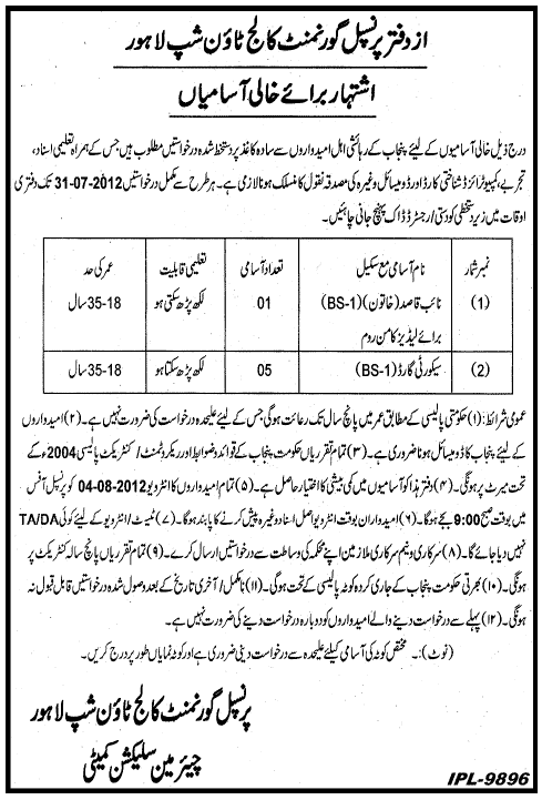 Female Naib Qasid and Security Guard Job at Government College Township Lahore (Government Job)