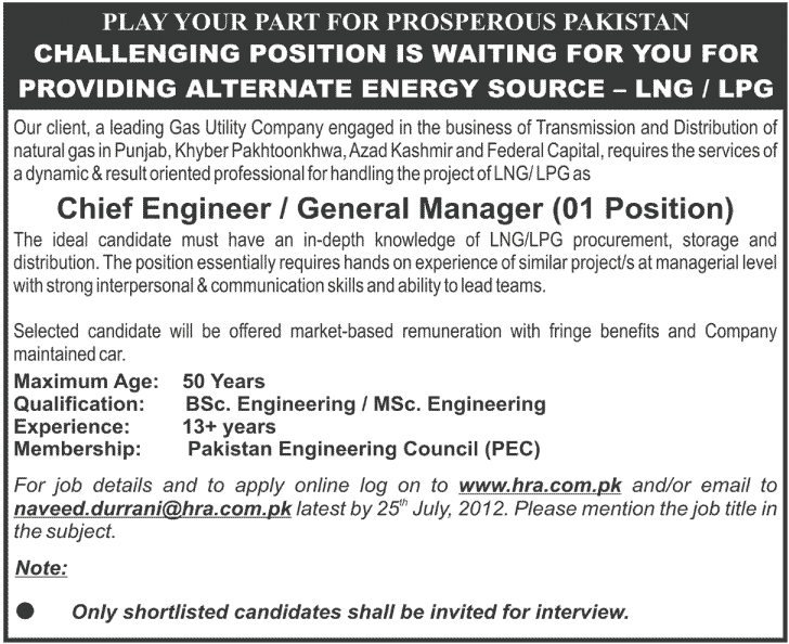 A Leading Gas Utility Company Requires Chief Engineer/ General Manager (Oil and Gas Sector Job)