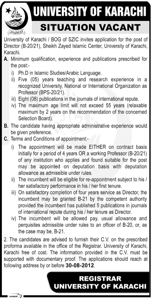 Sheikh Zayed Islamic Center, University of Karachi Requires Director (Government Job)