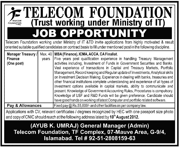 Telecom Foundation Requires Manager Treasury/ Finance Under Ministry of IT (Government Job)