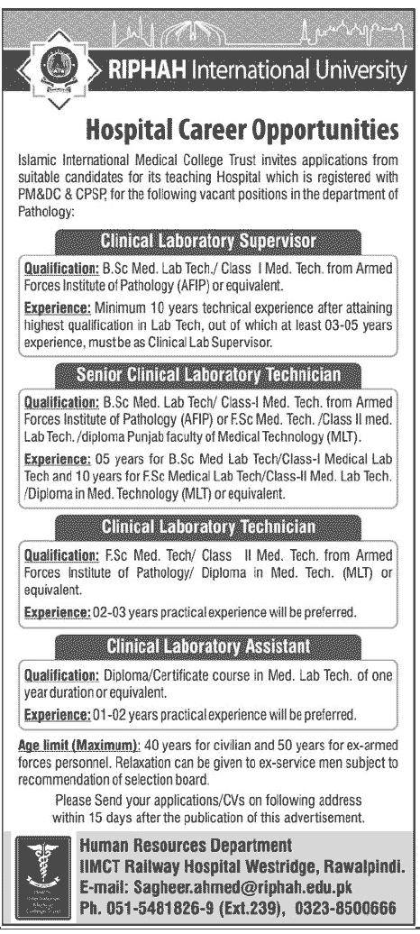 Riphah International University Requires Clinical Laboratory Staff