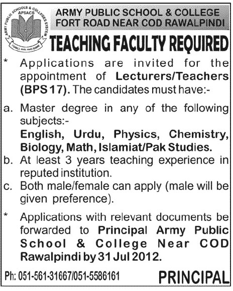 Army Public School & College Rawalpindi Requires Teaching Faculty