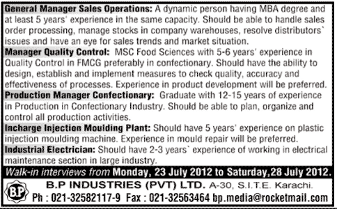 Management Staff Required by B.P Industries Private Limited Company