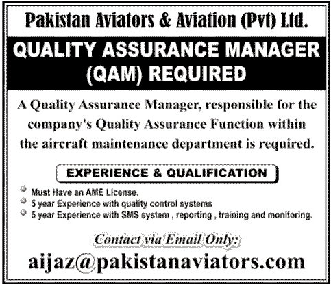 Quality Assurance Manager Required by Pakistan Aviators & Aviation (PVT) Ltd.
