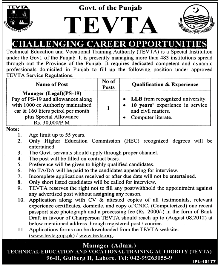 TEVTA Requires Manager (Legal) (Government Job)