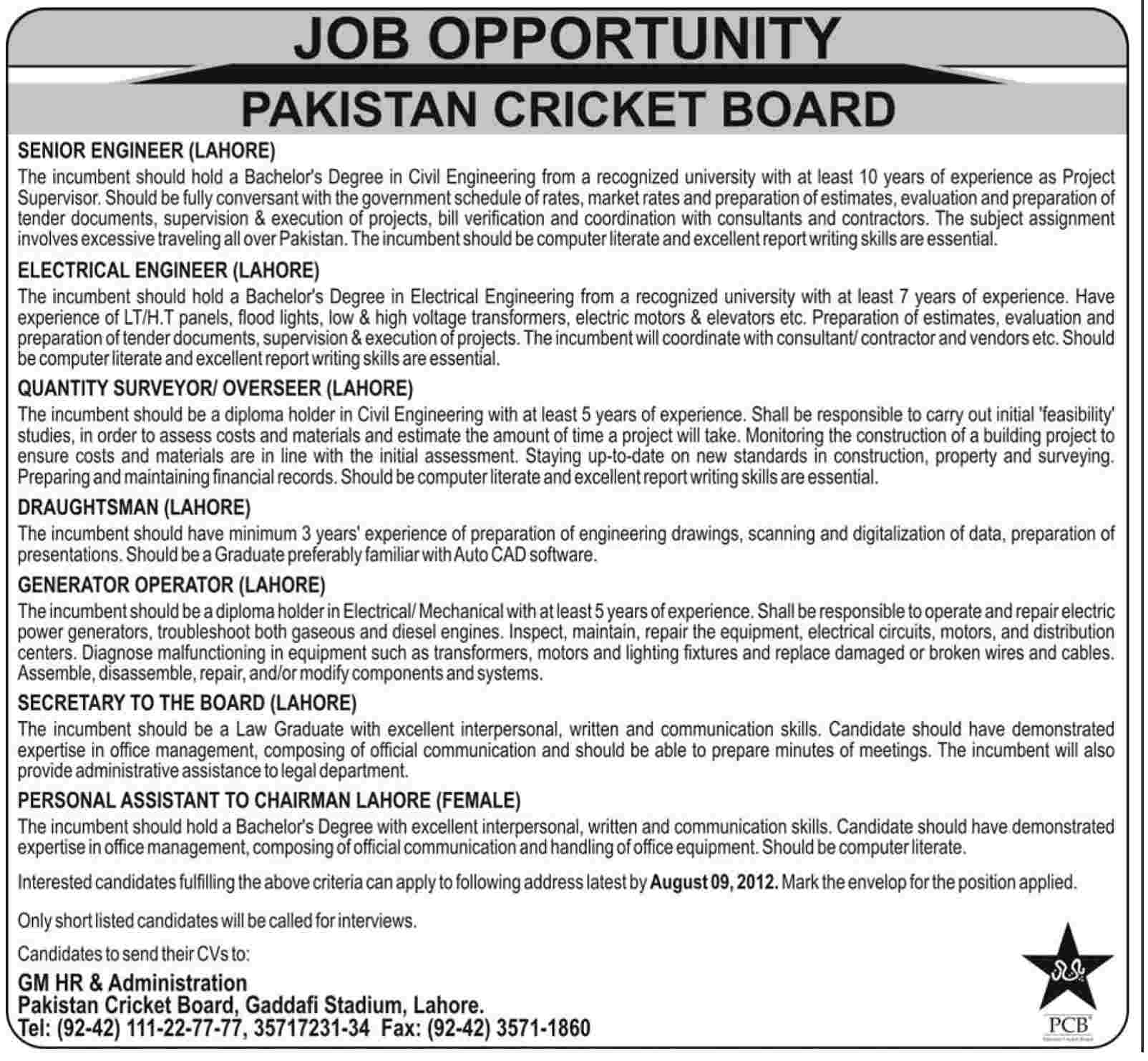 Engineerig and Technical Job at Pakistan Cricket Board (PCB) (Government Job)
