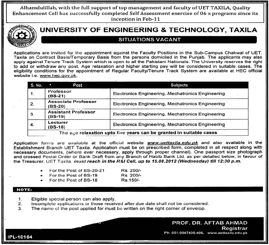 UET Taxila Requires Teaching Staff (Government Job)