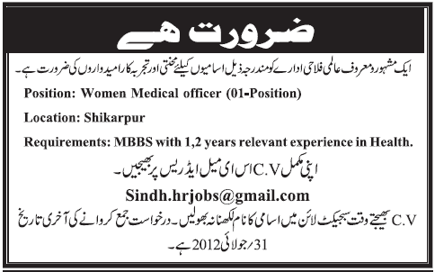 Woman Medical Officer Required by an International Welfare Organization (NGO Jobs)