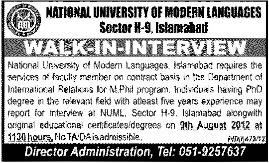 Teaching Faculty Required at NUML