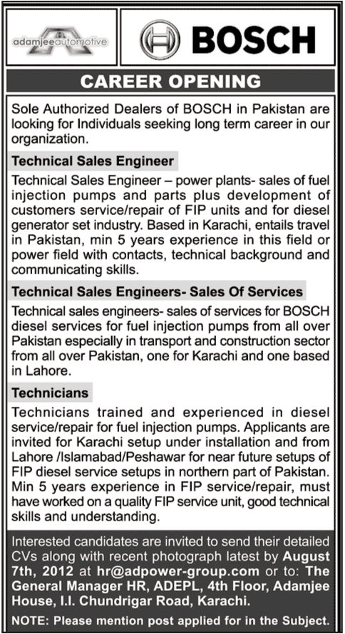 Technical Engineers and Technicians Required at BOSCH (Sole Authorized Dealer)