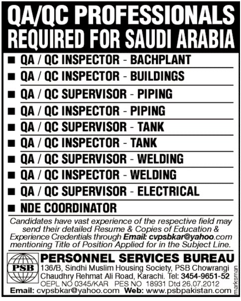 QA/ QC Professionals Required for Saudi Arabia