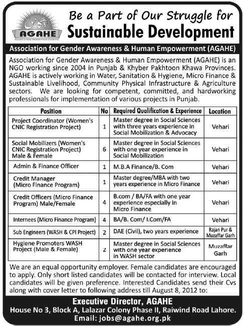 Management and Administration Staff Required for AGAHE (Association for Gender Awareness & Human Empowerment