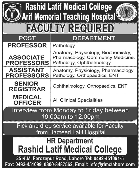 Medical Teaching Staff Required at Rashid Latif Medical College