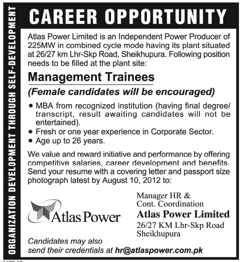 Management Trainees Required for Atlas Power Limited