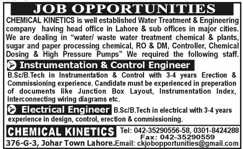 Engineering Staff Required for Chemical Kinetics (Water Treatment & Engineering Company)