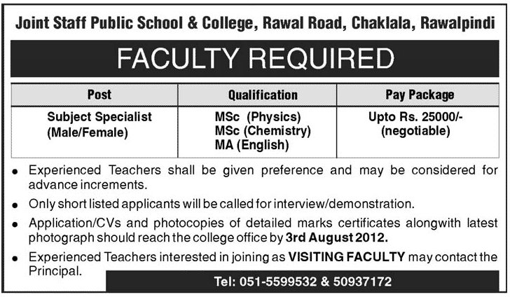 Joint Staff Public School & College Rawalpindi Requires Subject Specialist