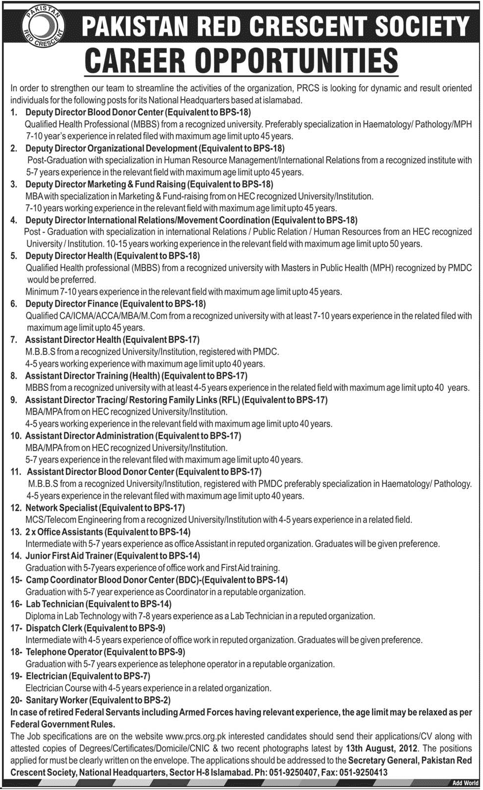Jobs at Pakistan Red Crescent Scociety (PRCS)