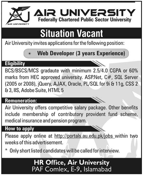 Web Developer Required at Air University