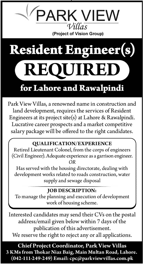 Resident Engineers Requires by Park View Villas (A Housing Society)