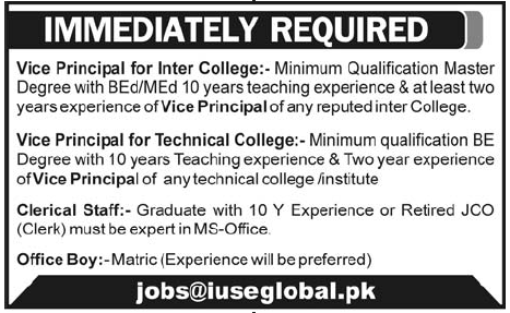 Vice Principal and Clerical Staff Required for a College