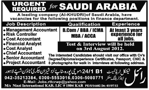 Accounts and Management Staff Required for Saudi Arabia