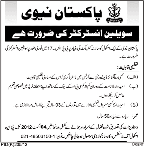 Civilian Instructor Required at Pakistan Navy School of Logistics (Government Job)