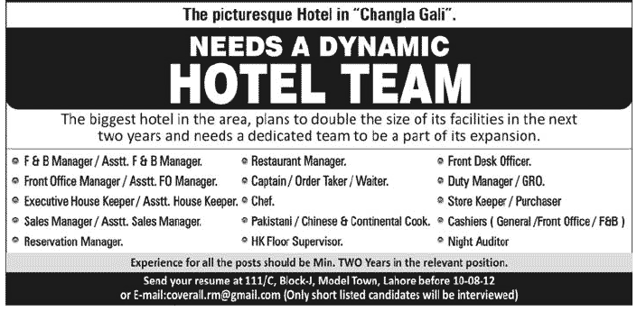 Hotel Management Staff Required