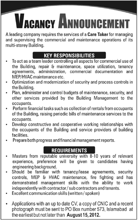 A Care Taker Required by a Leading Company for Managing Its Commercial and Maintenance Operations