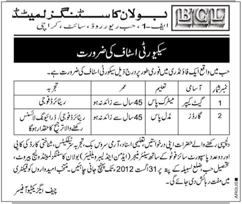 Security Staff Required by BCL Bolan Castings Limited
