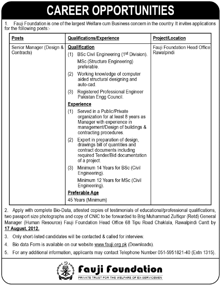 Fauji Foundation Requires Senior Manager (Design & Contracts)