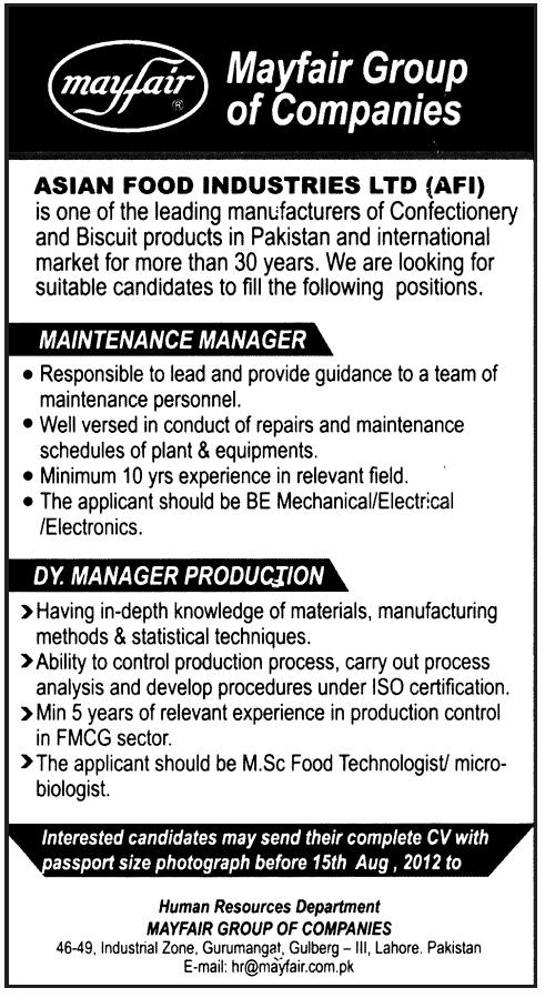 Maintenance and Production Managers Required by Asian Food Industries Ltd.