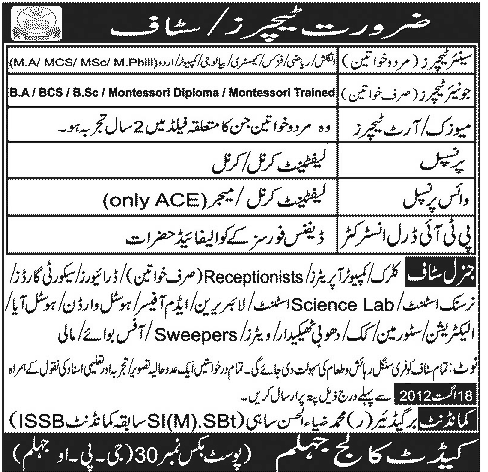 Teaching and Non-Teaching Staff Required at Cadet College Jhelum