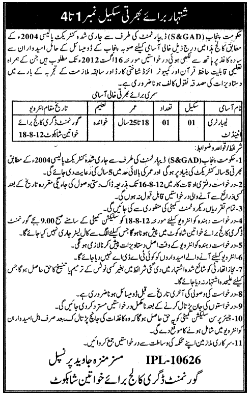 Laboratory Attendant Required at Government Degree College for Women (Government Job)