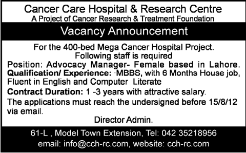Advocacy Manager (Female) Requires for a Cancer Care Hospital & Research Centre