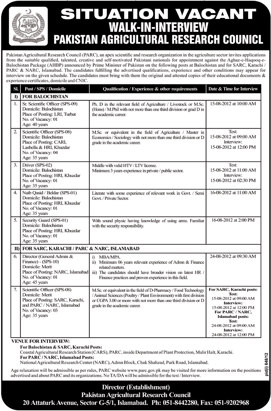 PARC Pakistan Agricultural Research Council Requires Staff Under Aghaz-e-Huqooq-e-Balochistsan Package (Government Job)
