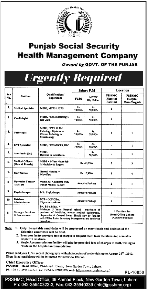 Medical Professional Staff Required for Punjab Social Security Health Management Company (Government Job)