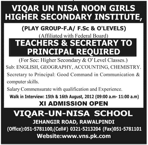 Teaching Staff and Secretary to Principal Required at Viqar Un Nisa Noon Girls Higher Secondary Institute