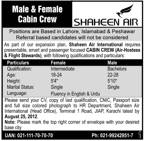 Shaheen Air Requires Male and Female Cabin Crew