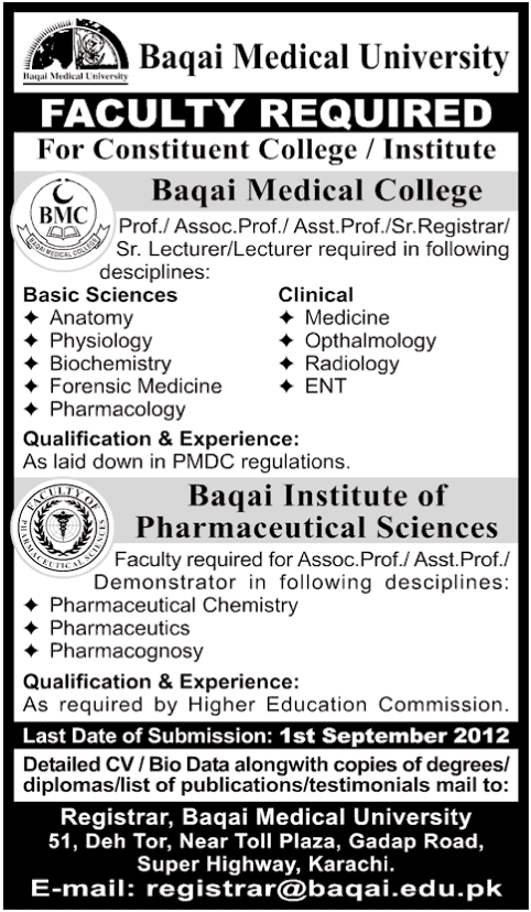 Medical Teaching Faculty Required at Baqai Medical College