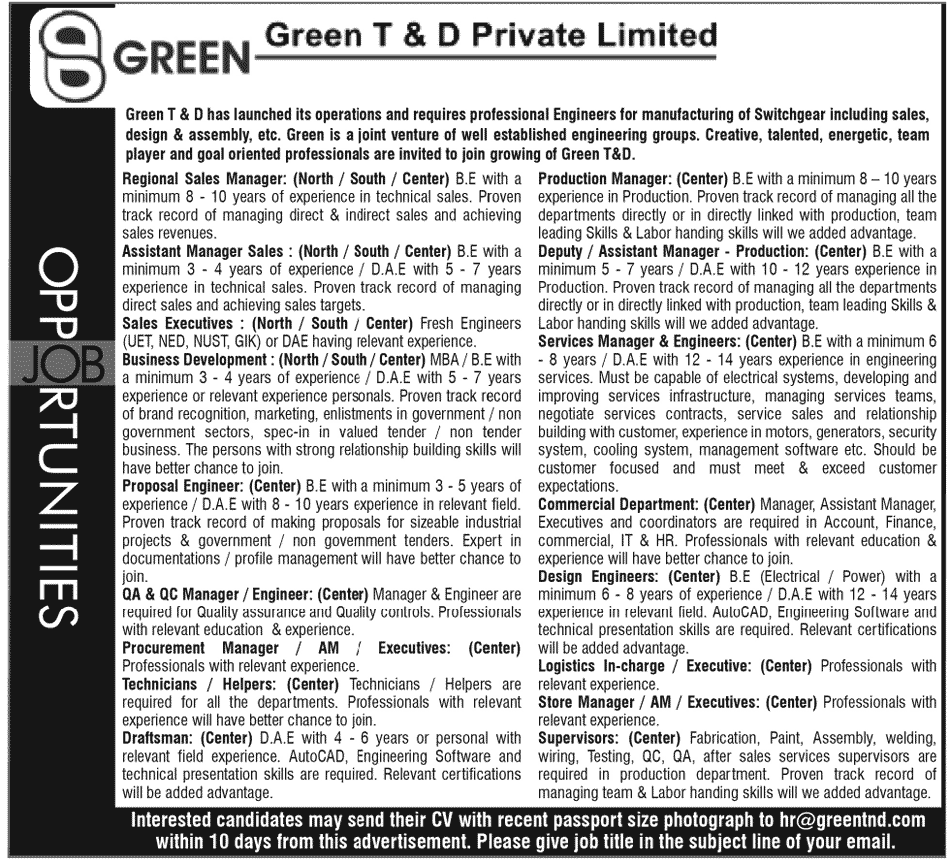 Engineering, Management and Sales Staff Required by Green T & D Private Limited Company